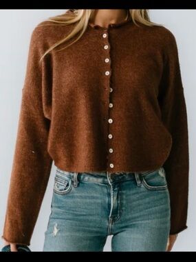 bohme Brown Cropped Button-Front Cardigan
